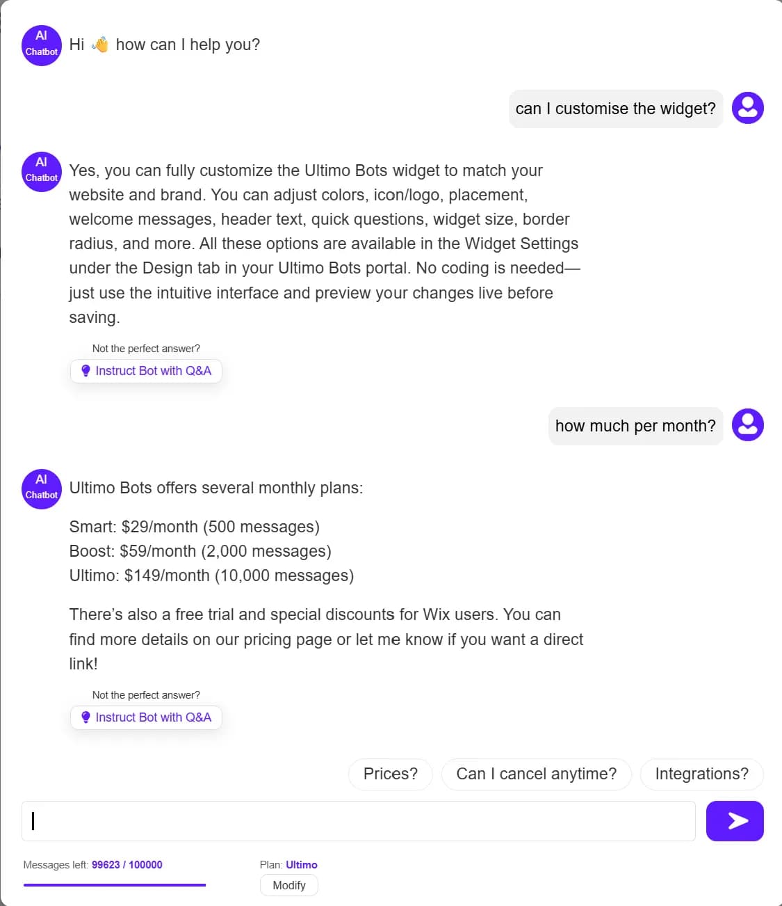 Ultimo Bots Test modal with live chat interface, streaming responses, and message usage tracking