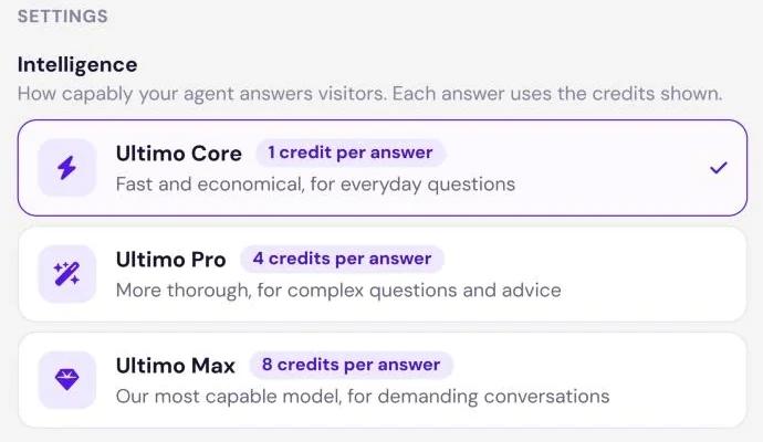 The Intelligence setting with Ultimo Core at 1 credit, Ultimo Pro at 4 credits and Ultimo Max at 8 credits per answer