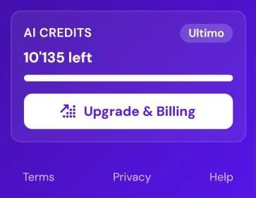 The AI credits box at the bottom of the sidebar with the plan Ultimo, the credits left and the Upgrade & Billing button