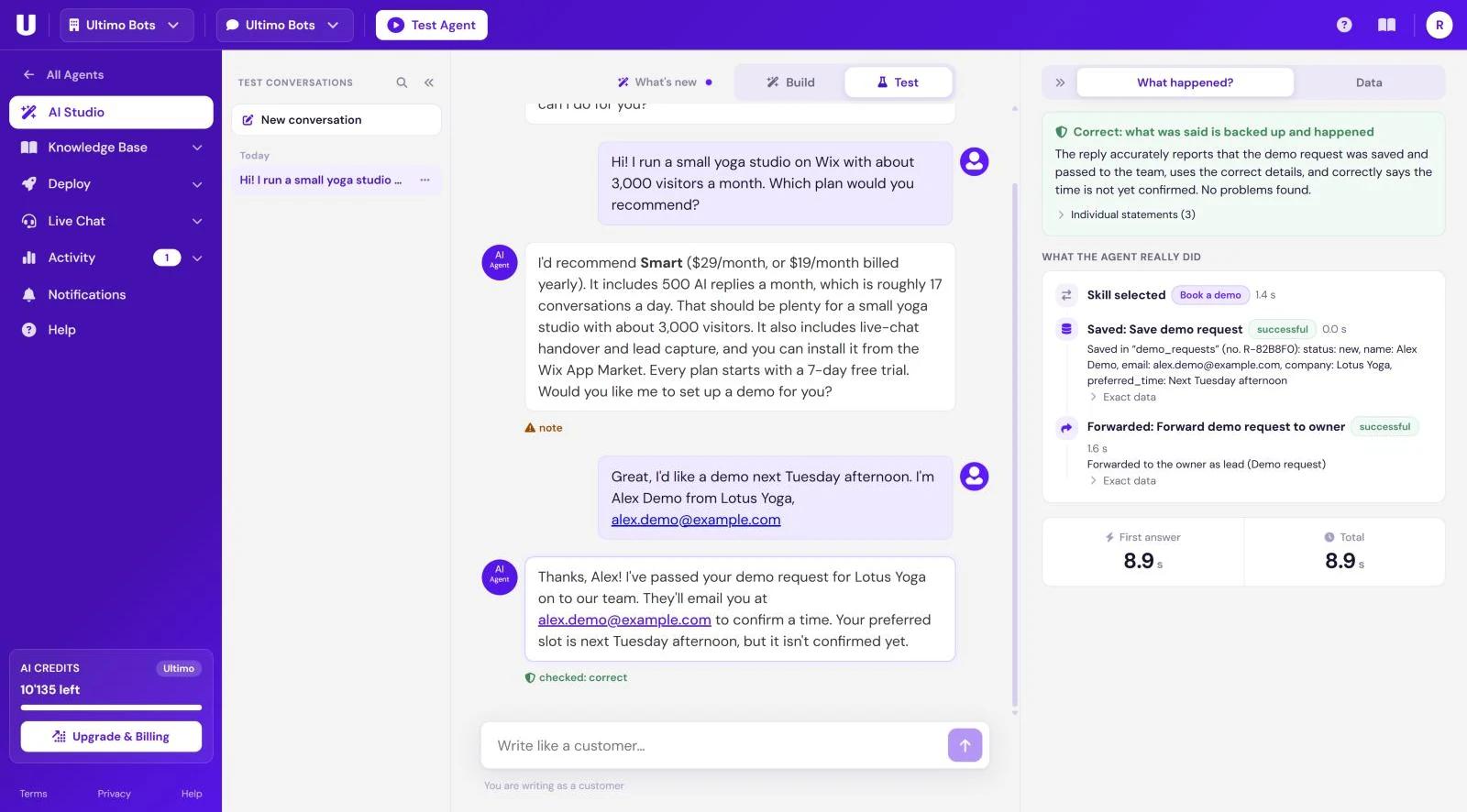 AI Studio in Test mode: a test conversation with a plan question and a demo request, verdicts under the answers, and the What happened? panel with the skill, the saved record and the forwarded lead