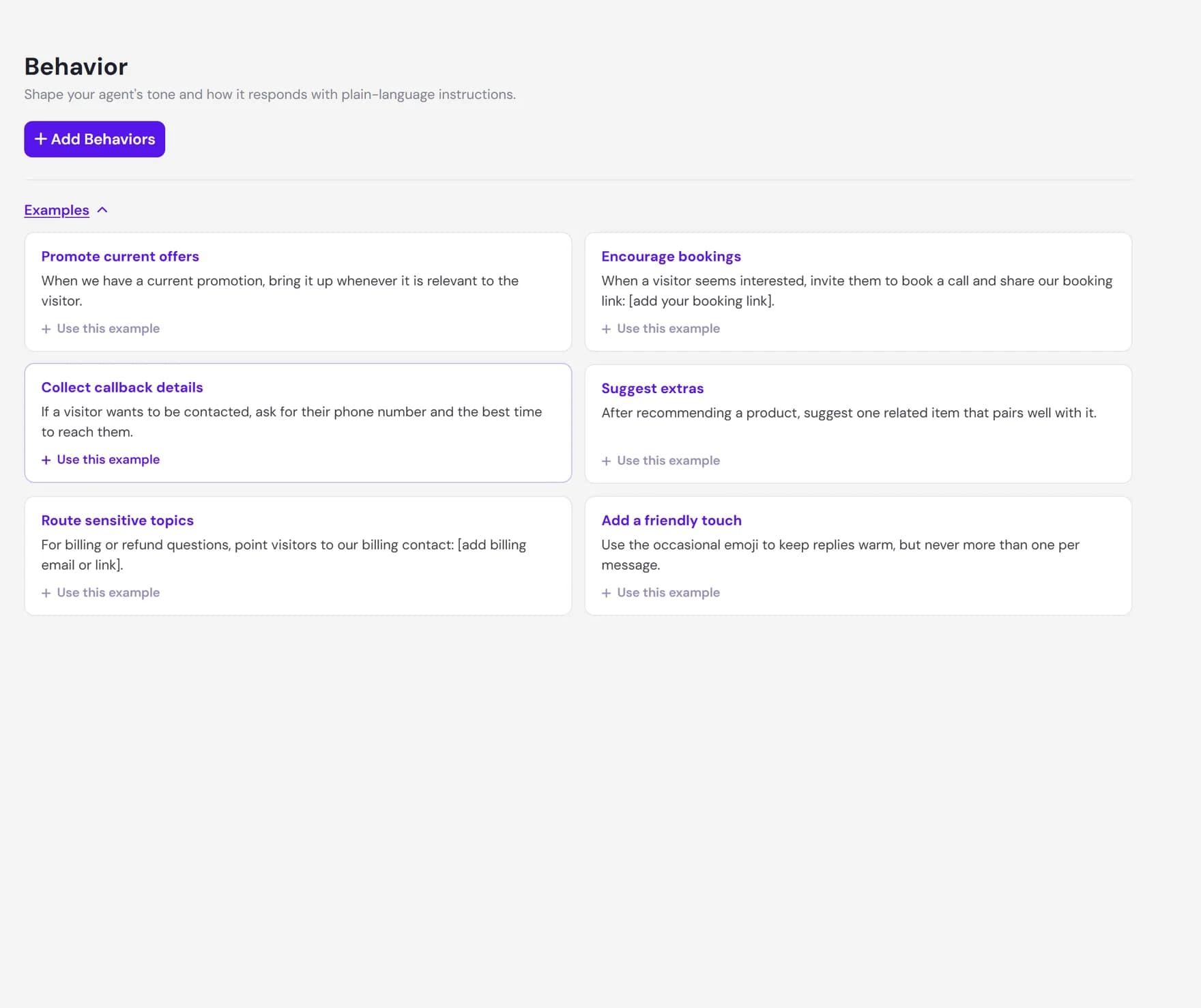 The Behavior screen showing a list of behavior rules, an Add Behavior button, and example rules