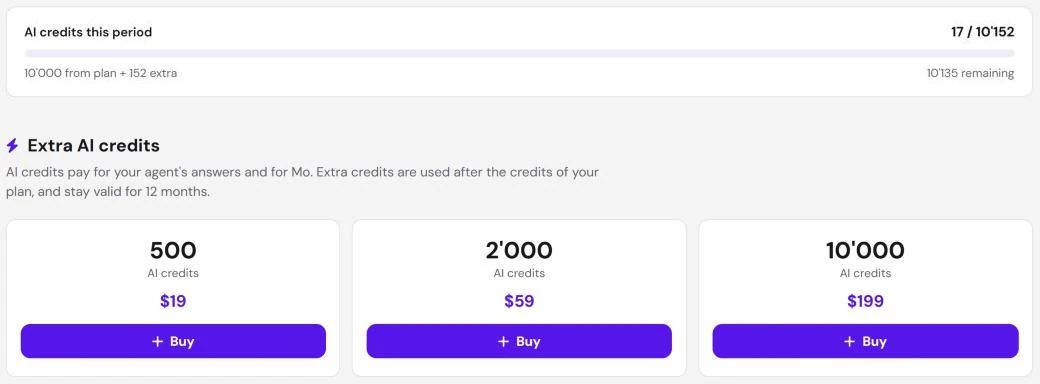 An agent's billing page with the AI credits this period meter and the Extra AI credits packs with Buy buttons