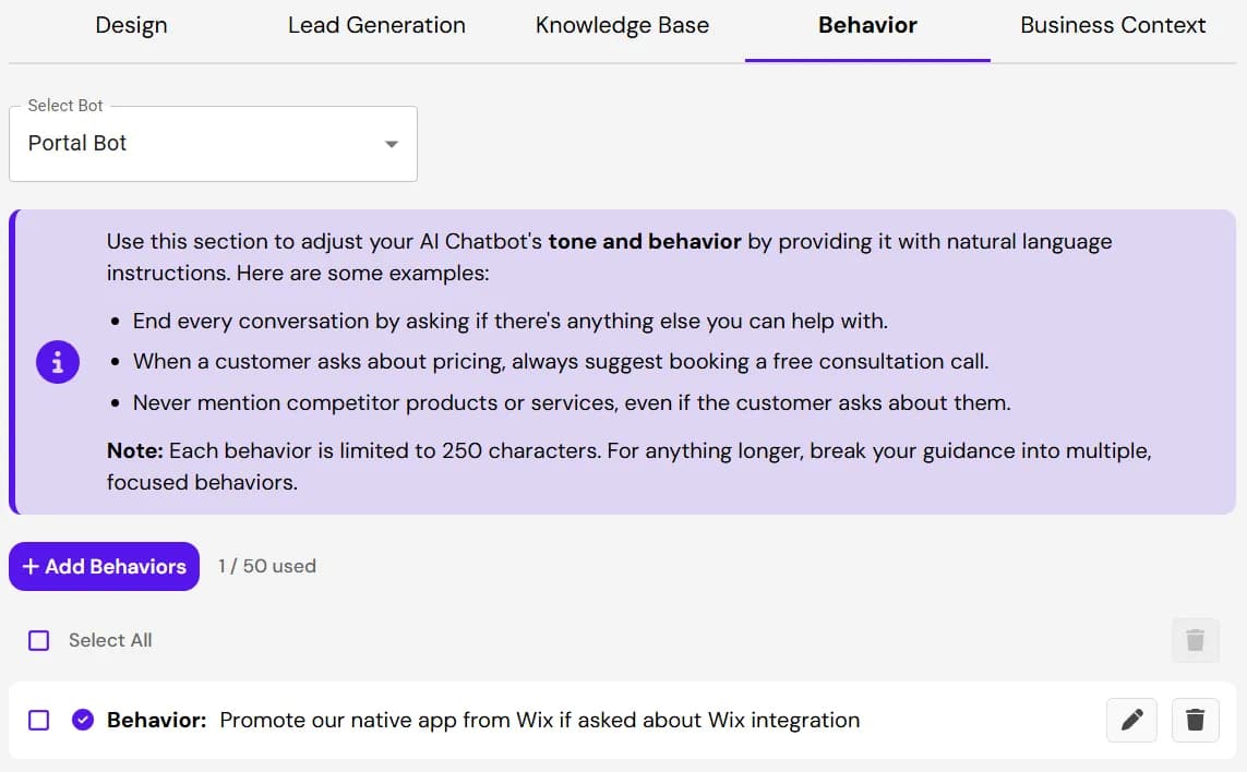 Screenshot of Ultimo Bots behavior settings