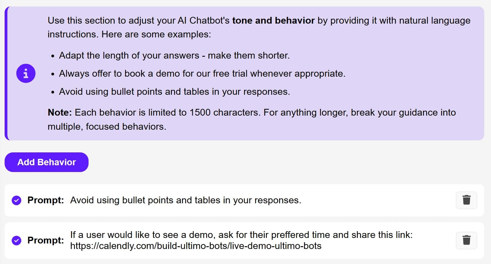 Ultimo Bots Behavior settings interface showing behavior instruction cards with status indicators and character limits