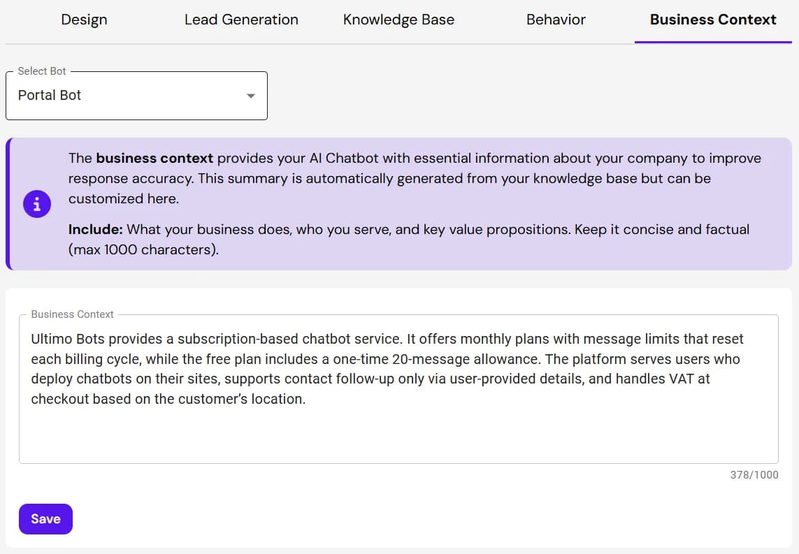 Screenshot of the Business Context settings tab