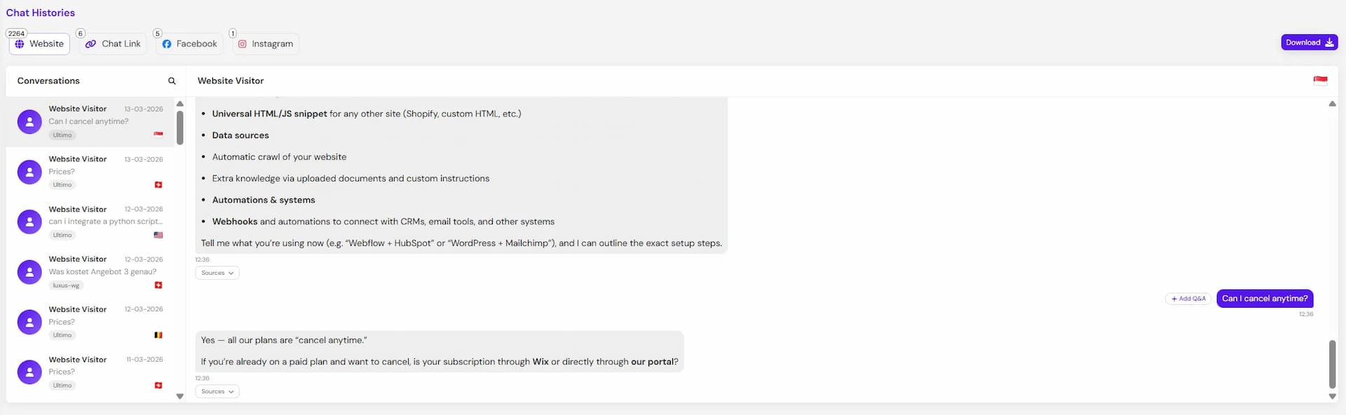 Screenshot of the Chat Histories tab showing platform tabs and session list