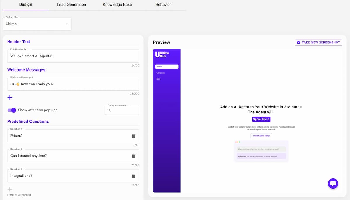 Widget preview panel showing design controls and live widget