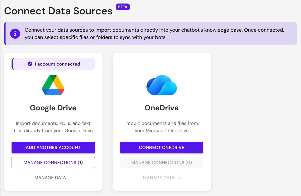 Screenshot of the Data Connections page with Google Drive and OneDrive cards