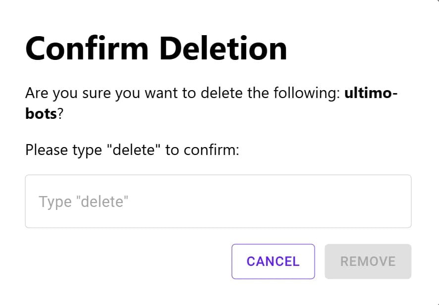 Ultimo Bots deletion confirmation modal with bot name display, text input for verification, and delete/cancel action buttons