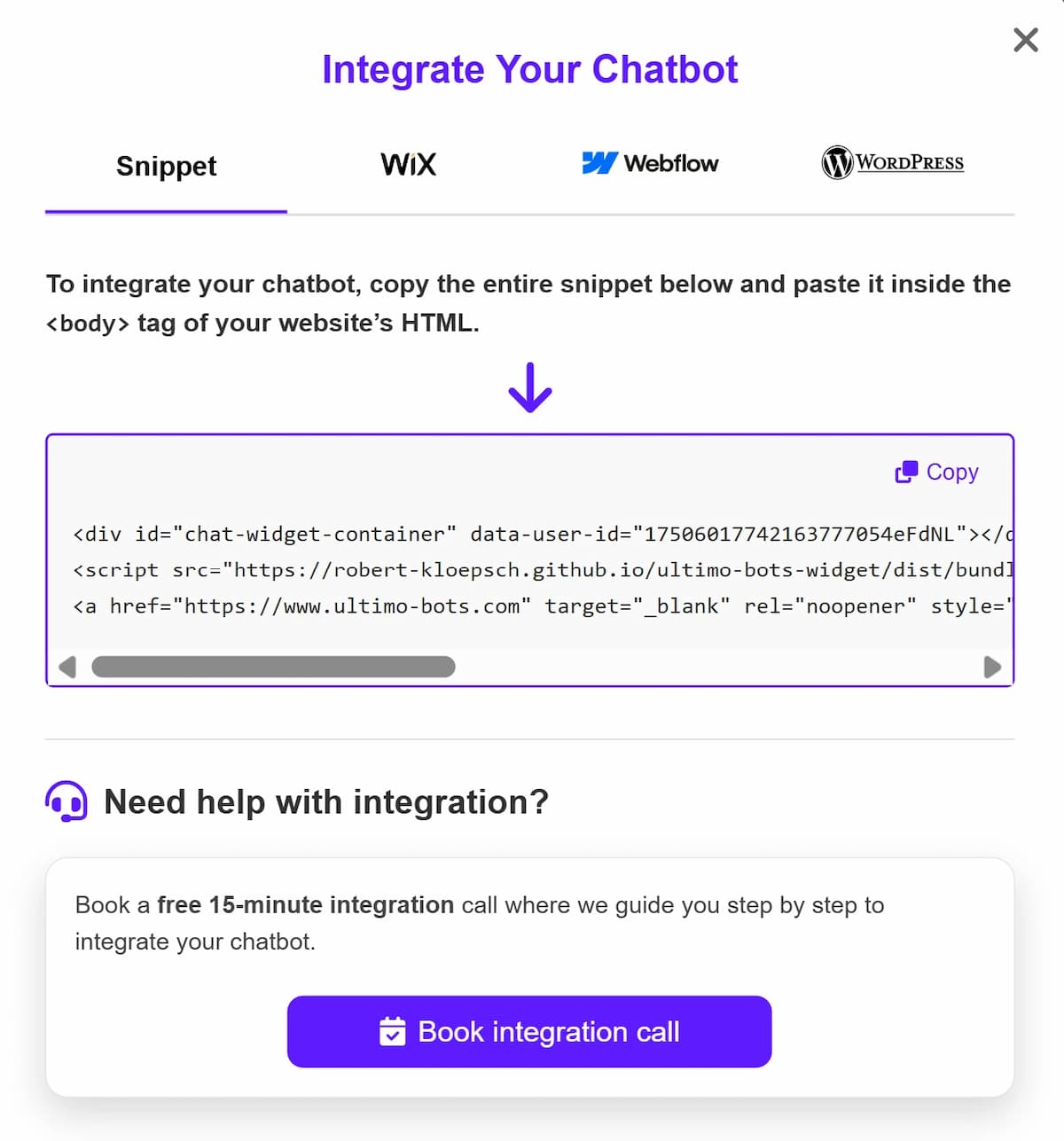 Screenshot of the Ultimo Bots integration page with all tabs