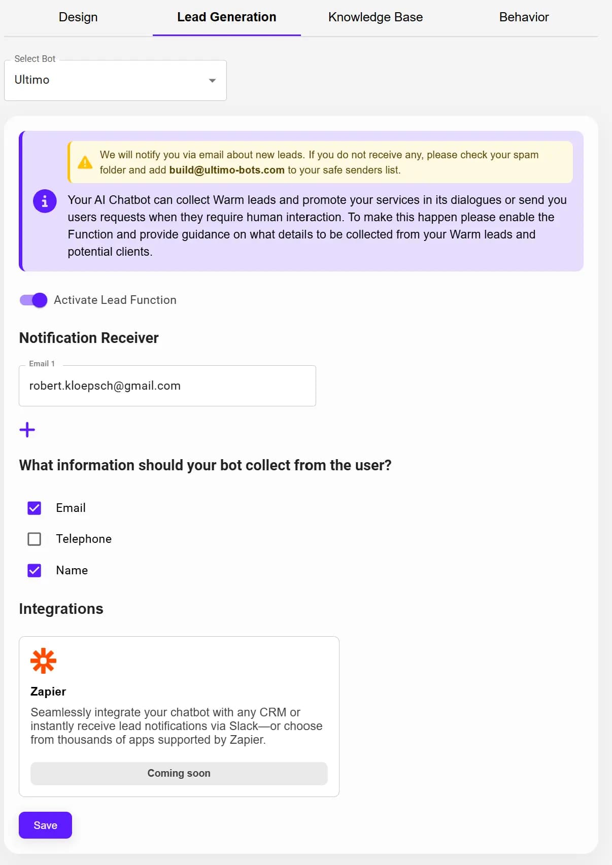 Ultimo Bots Warm Lead configuration panel with activation toggle, notification recipients, and field selection options