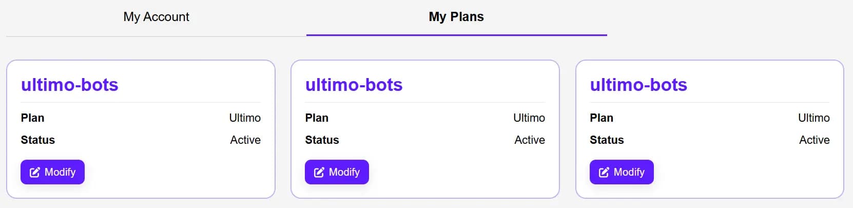 Ultimo Bots My Plans tab displaying bot-by-bot subscription cards with plan status and upgrade options