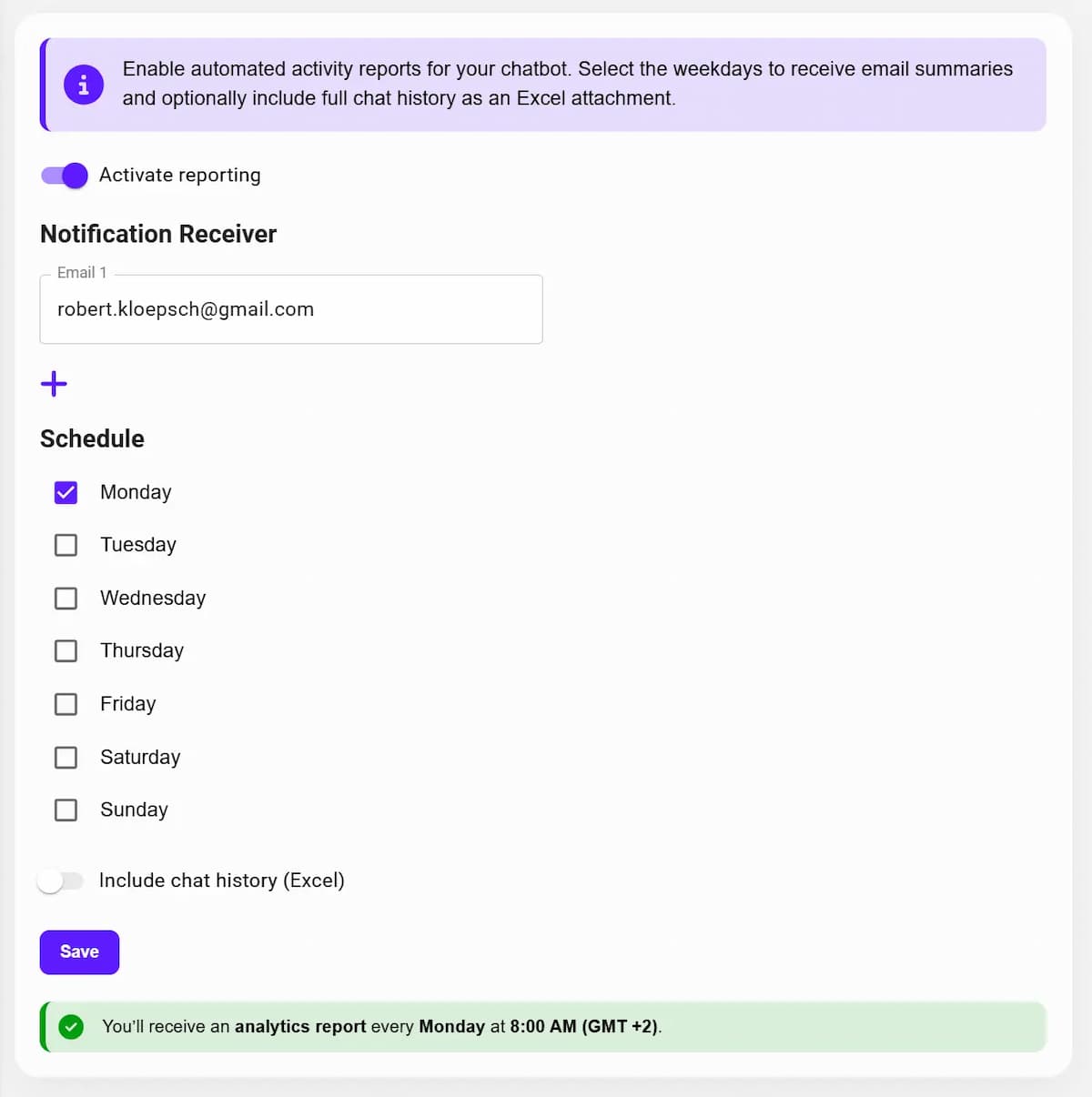 Screenshot of the Reporting configuration panel
