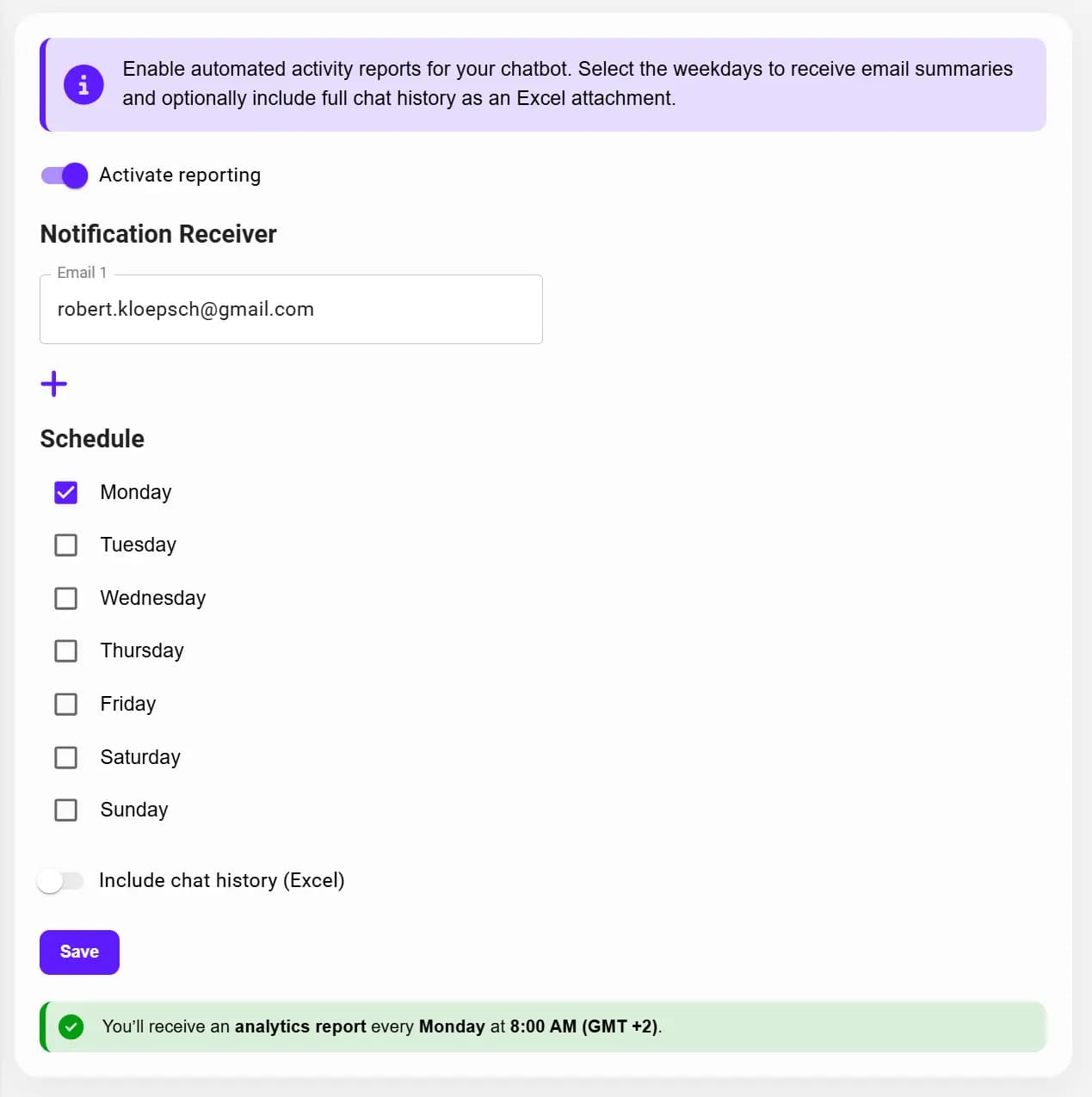 Ultimo Bots Reporting configuration panel with automated email settings, schedule options, and Excel attachment toggle