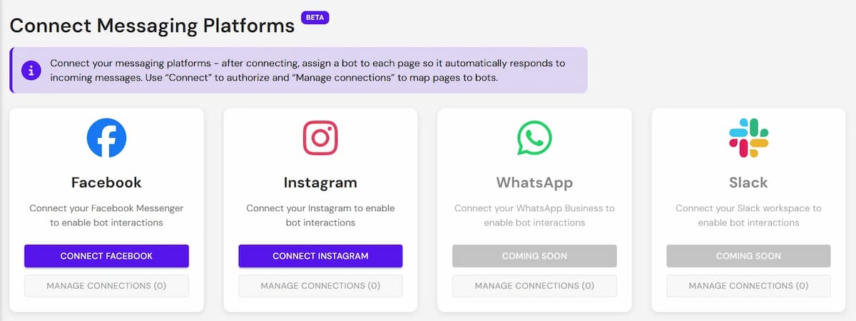 Screenshot of the Social Media Connect page showing platform cards