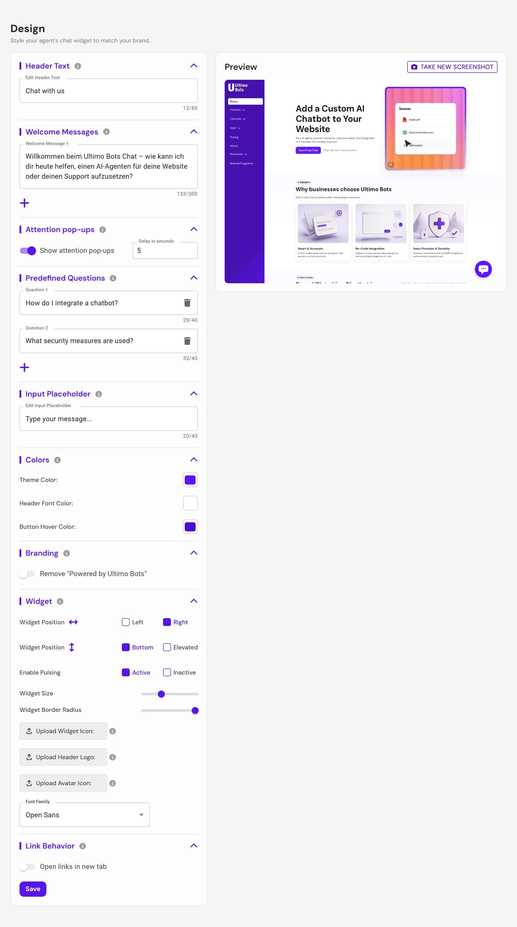 The Design editor with grouped style settings on the left and a live widget preview on the right