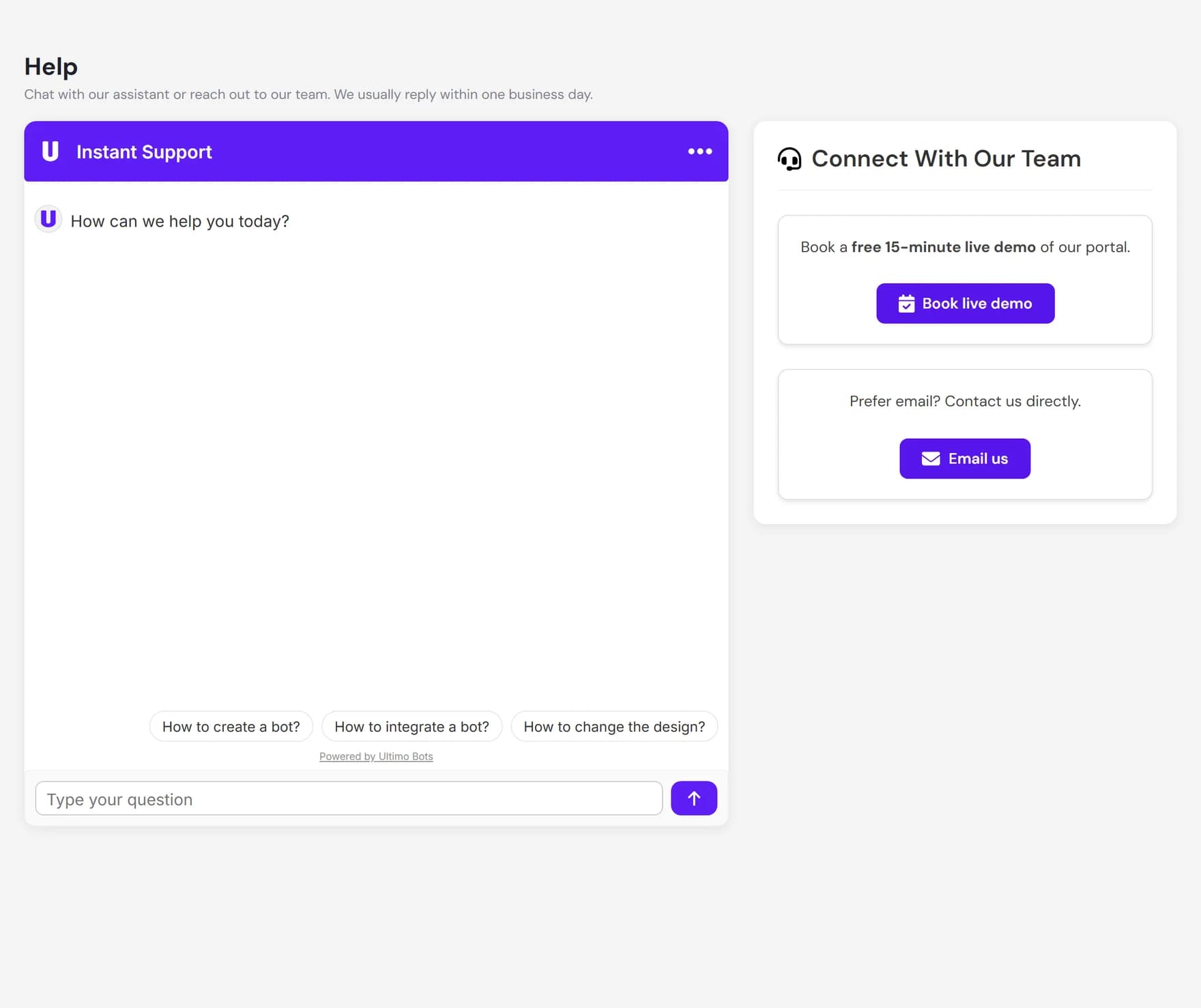 The in-product Help page with the chat assistant on the left and options to book a live demo or email the team on the right