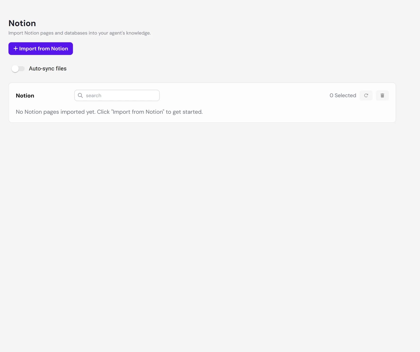 The Notion tab on the Knowledge page, showing imported Notion pages with their status and the Import from Notion button