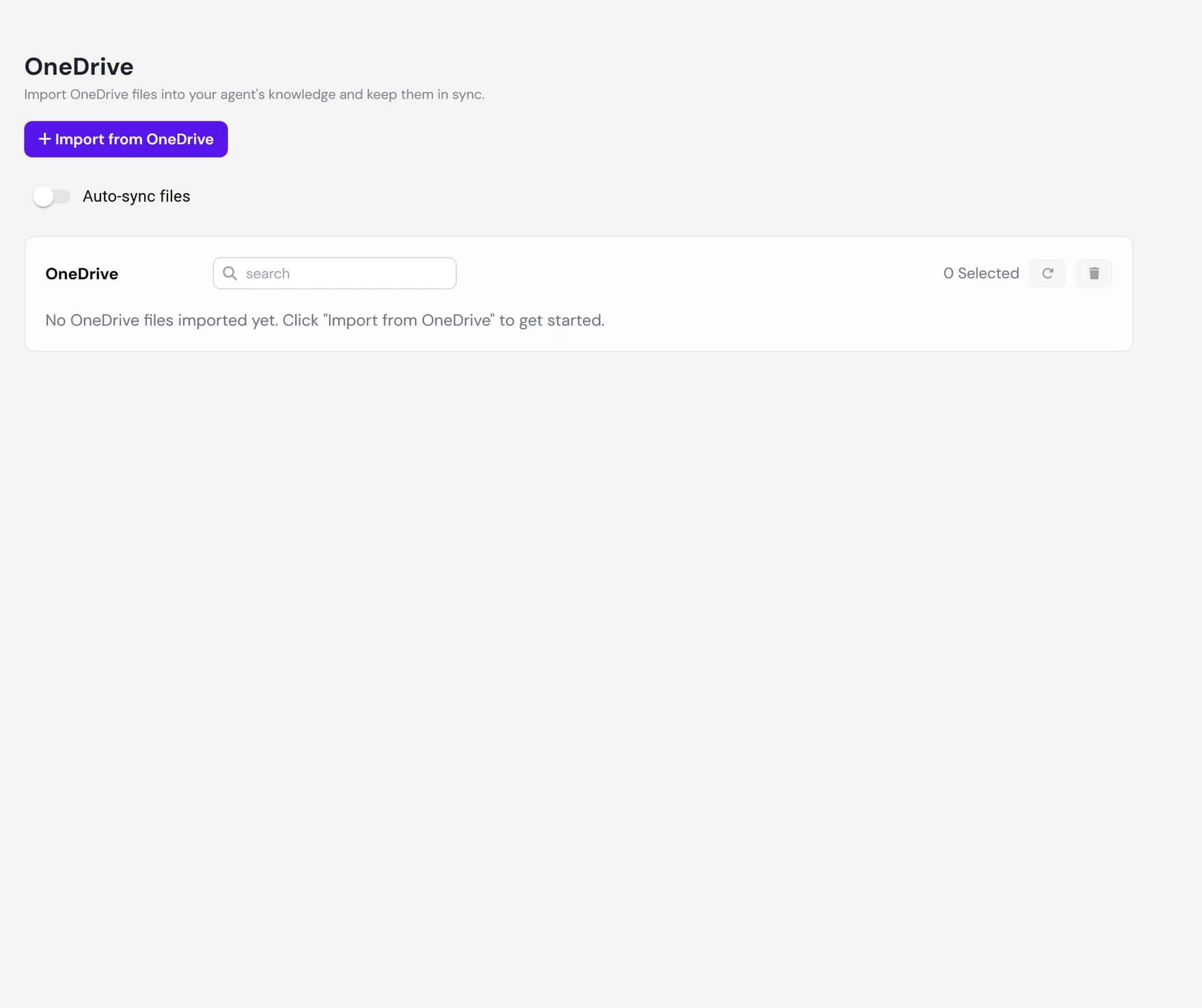 The OneDrive tab in the Knowledge Base with imported files and the Import from OneDrive button