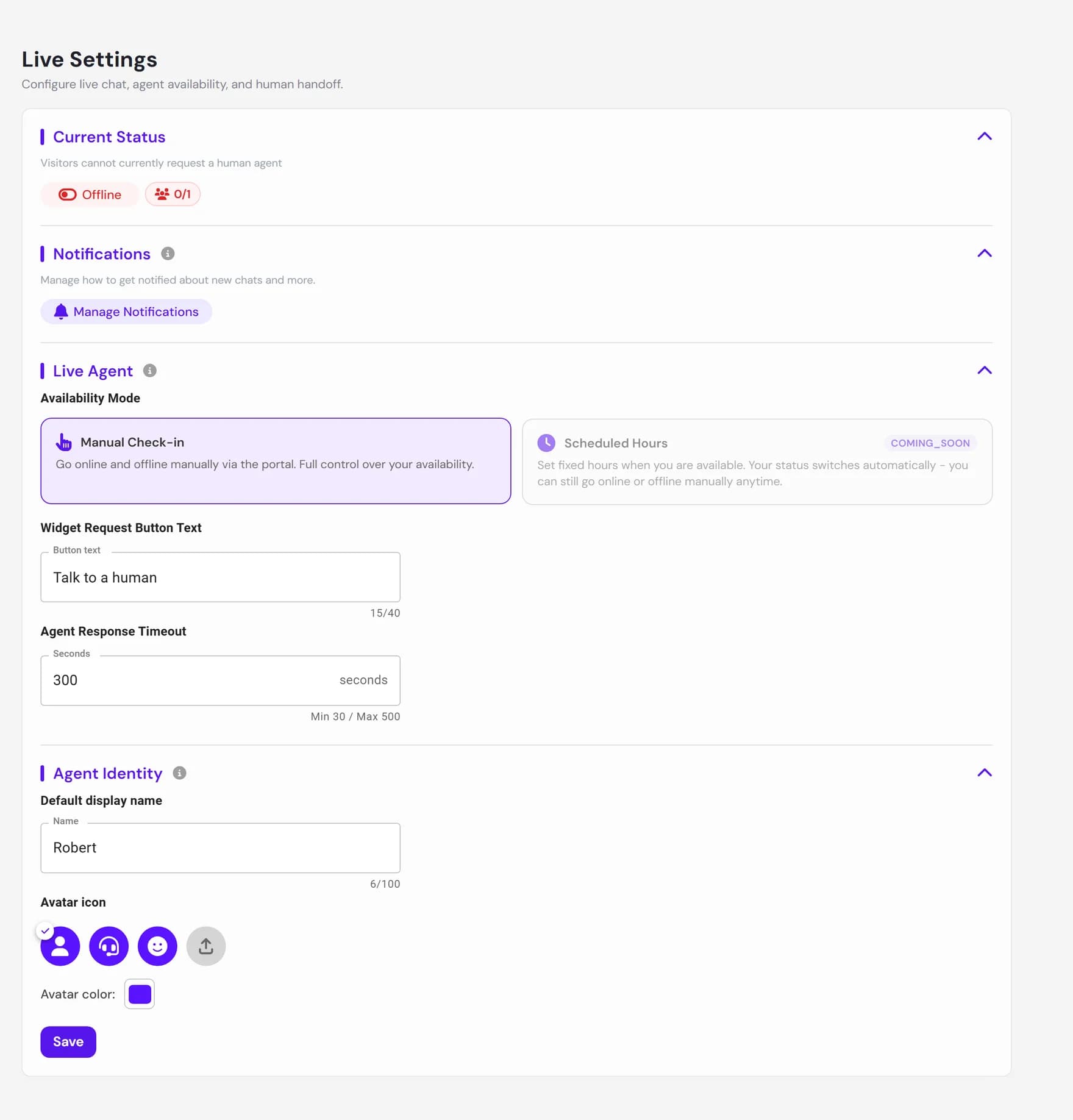 The Live Chat settings page showing current status, availability mode, the request button, response timeout, and agent identity