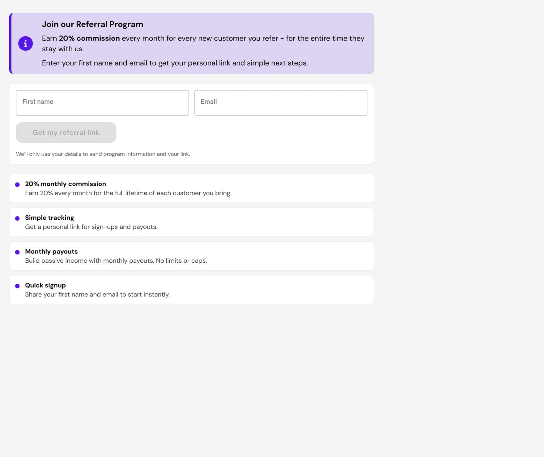 The Referral page in the Ultimo Bots dashboard, showing the 20% monthly commission offer and the sign-up form