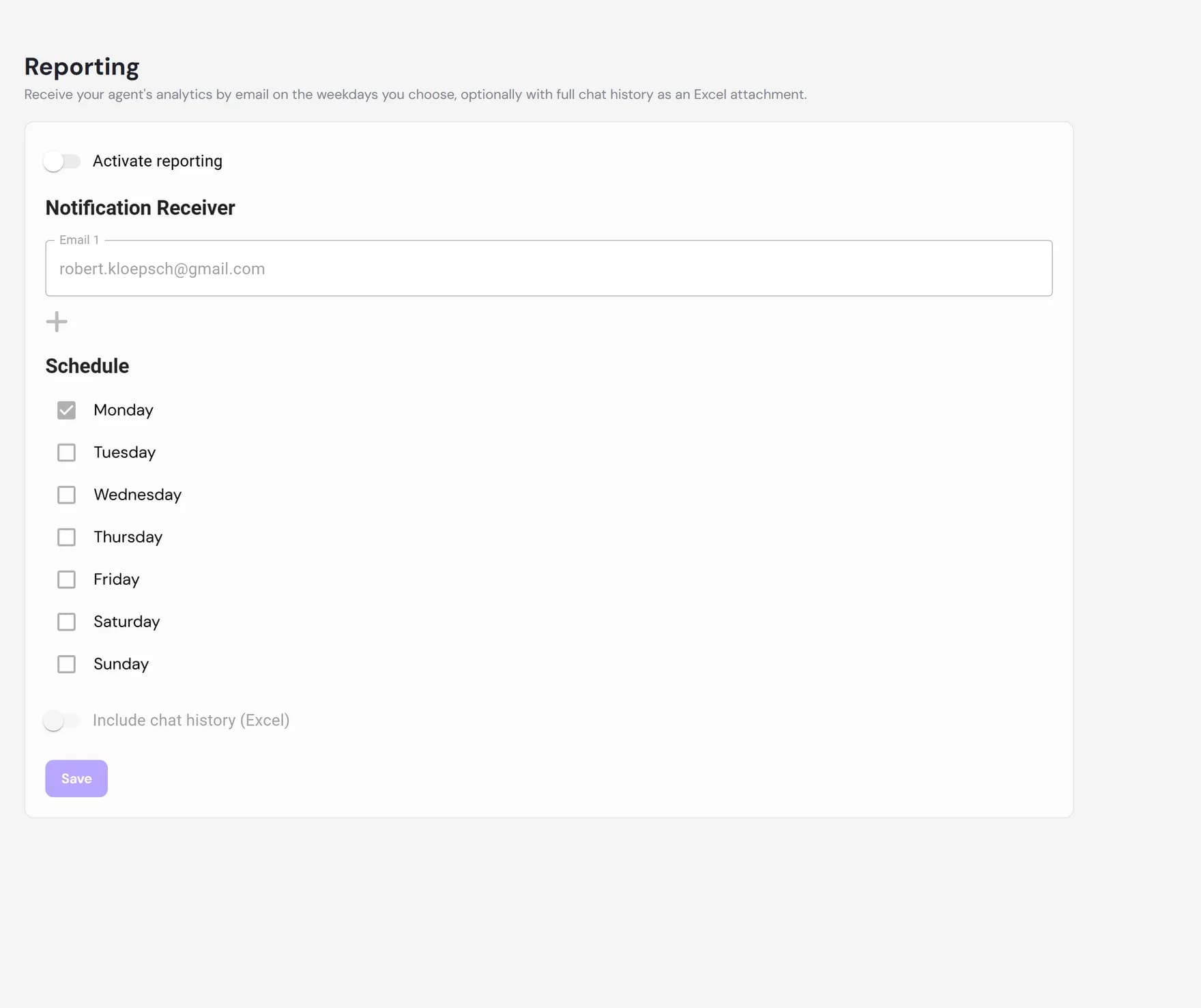 The Reporting tab with the activate toggle, recipient list, weekday picker, and Excel attachment switch