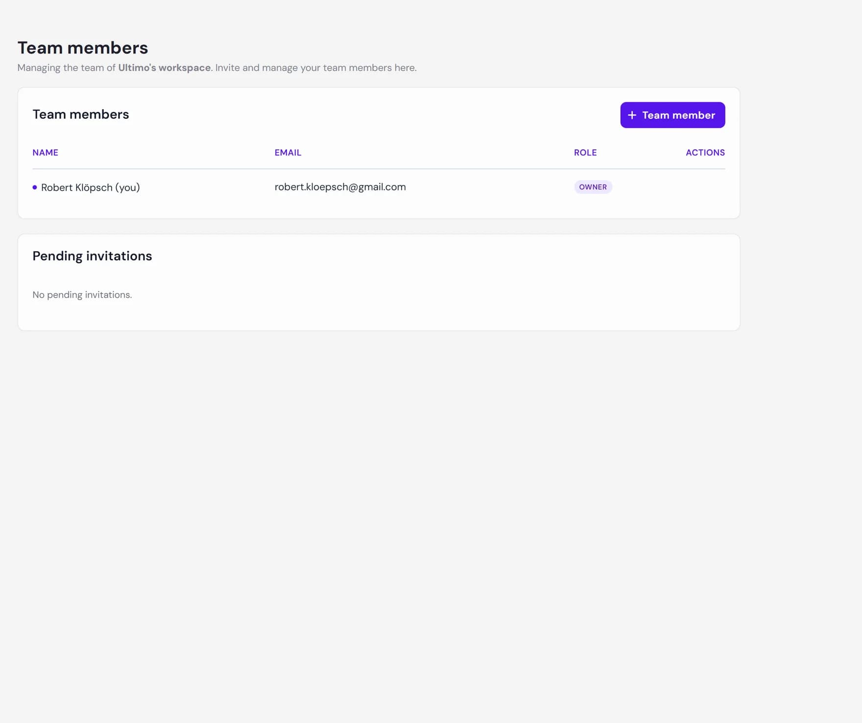 The Team members page showing the member list, their roles, and pending invitations