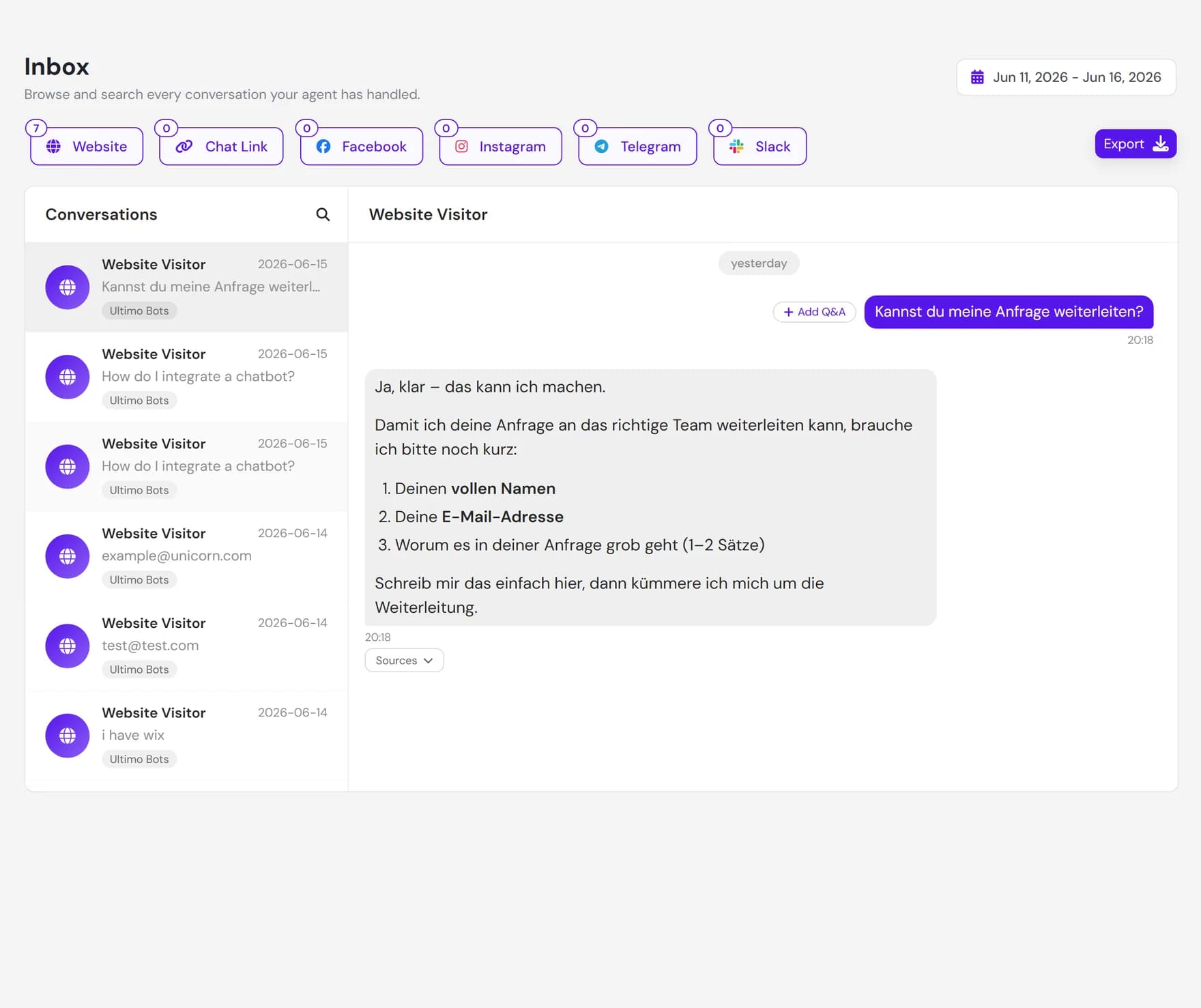 The Conversations view with channel filter chips, a list of past sessions on the left, and a full transcript open on the right