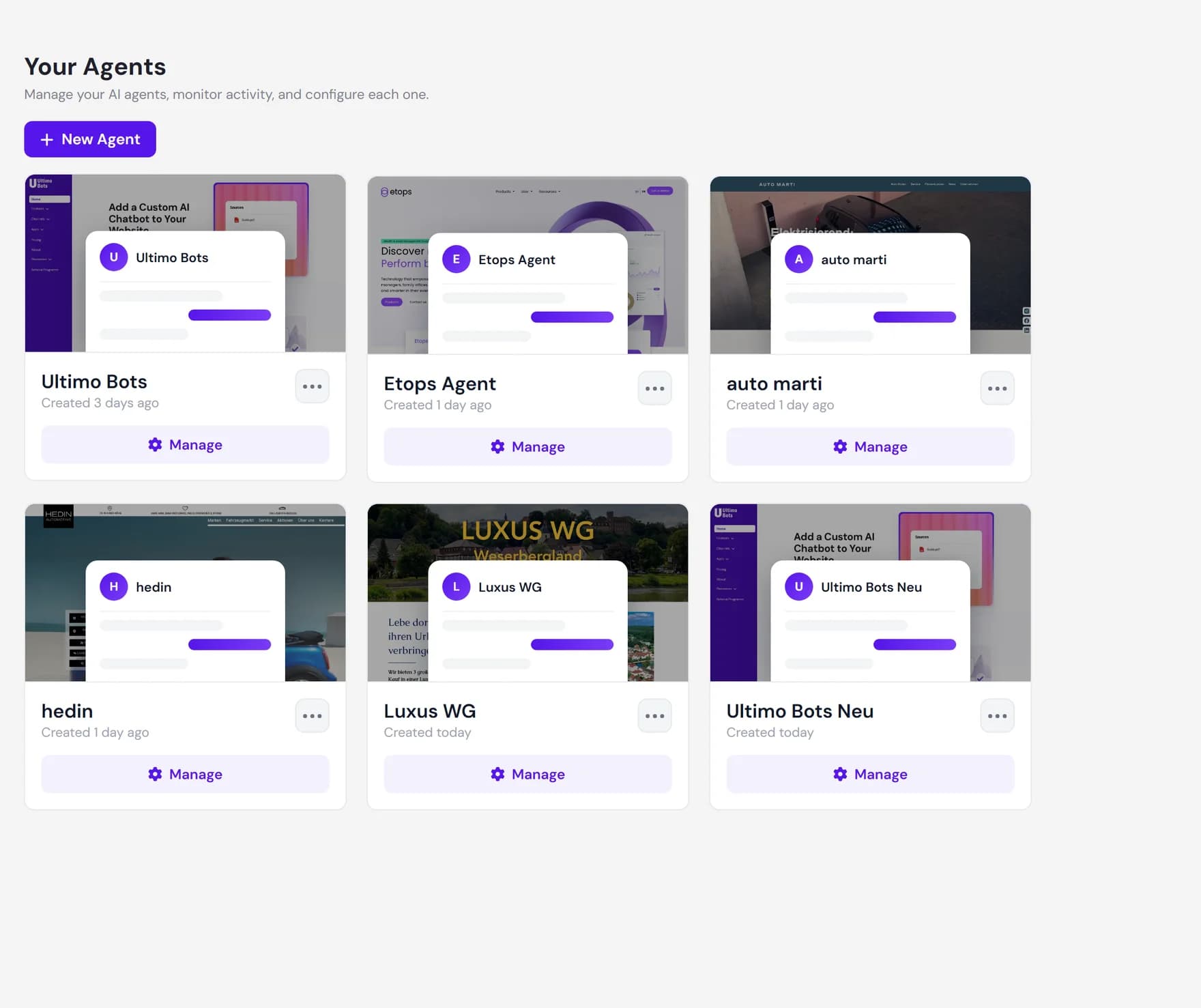 The Your Agents screen showing agent cards with status, names, and a New Agent button