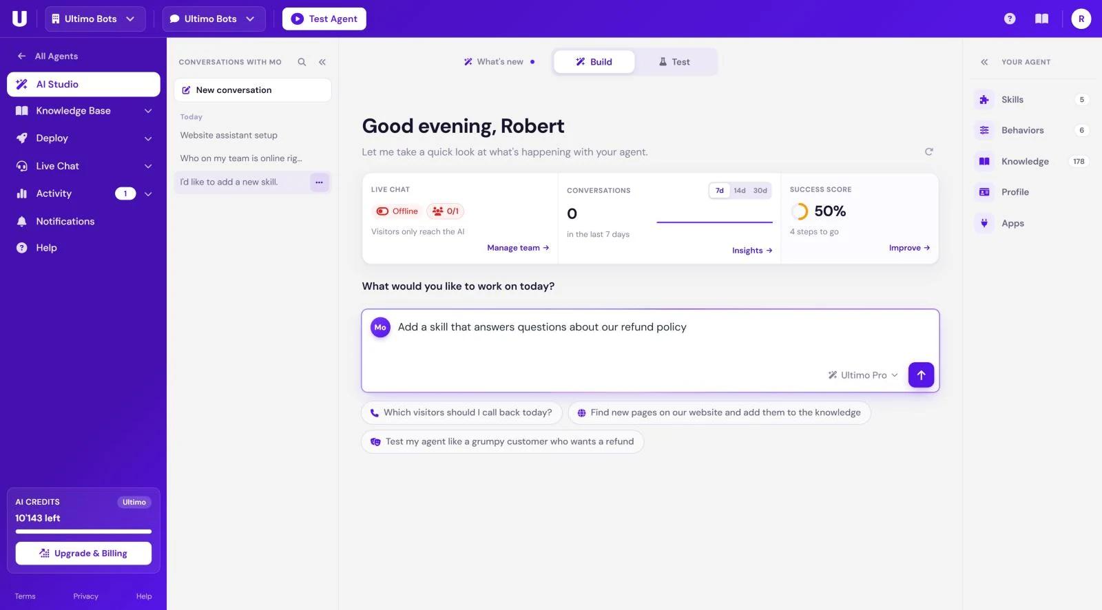 AI Studio in Build mode: conversations with Mo on the left, the start page with live chat, conversations and success score in the middle, and the Your agent panel on the right