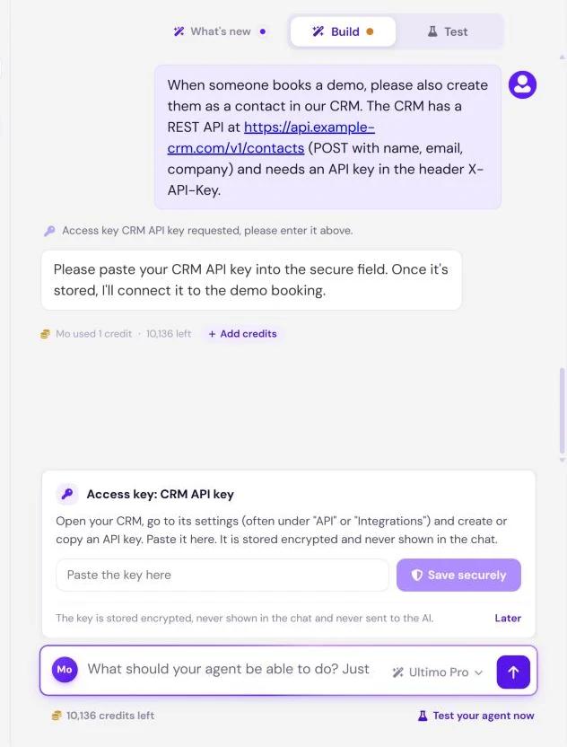 Mo asking for a CRM API key: a secure field, the Save securely button, the note that the key is stored encrypted, and Later