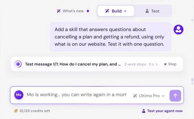 Mo at work: a status line with the current test message, the work steps, the elapsed time and a Stop button; the input says Mo is working