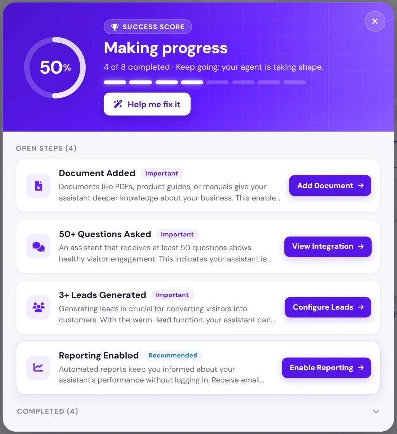 The success score window at 50% with Help me fix it and the open steps with their importance and action buttons