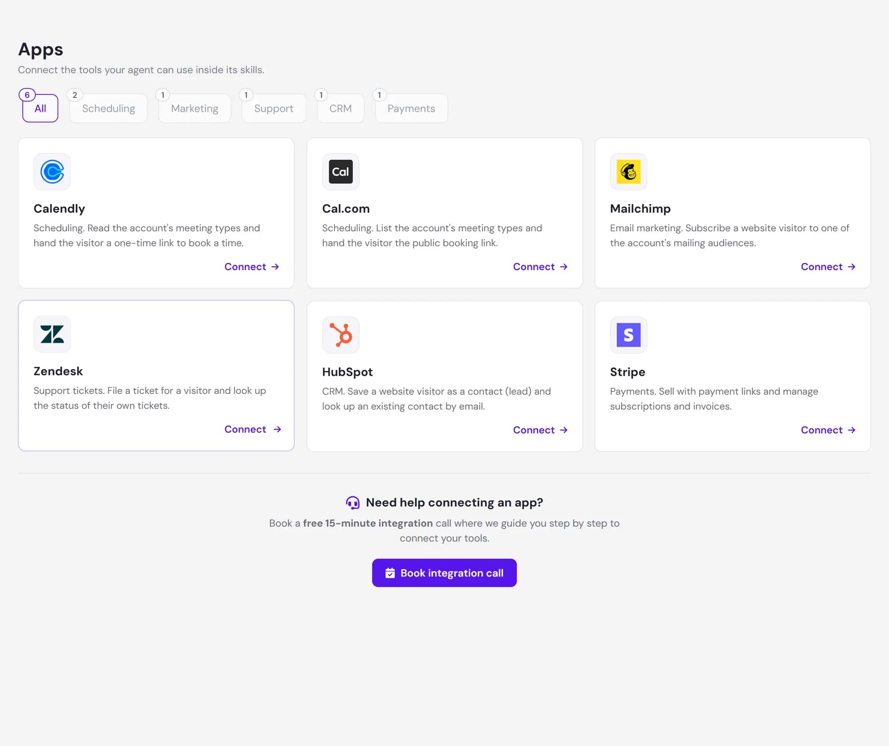 The Apps page in AI Studio, showing connectable app cards grouped by category with category filter chips