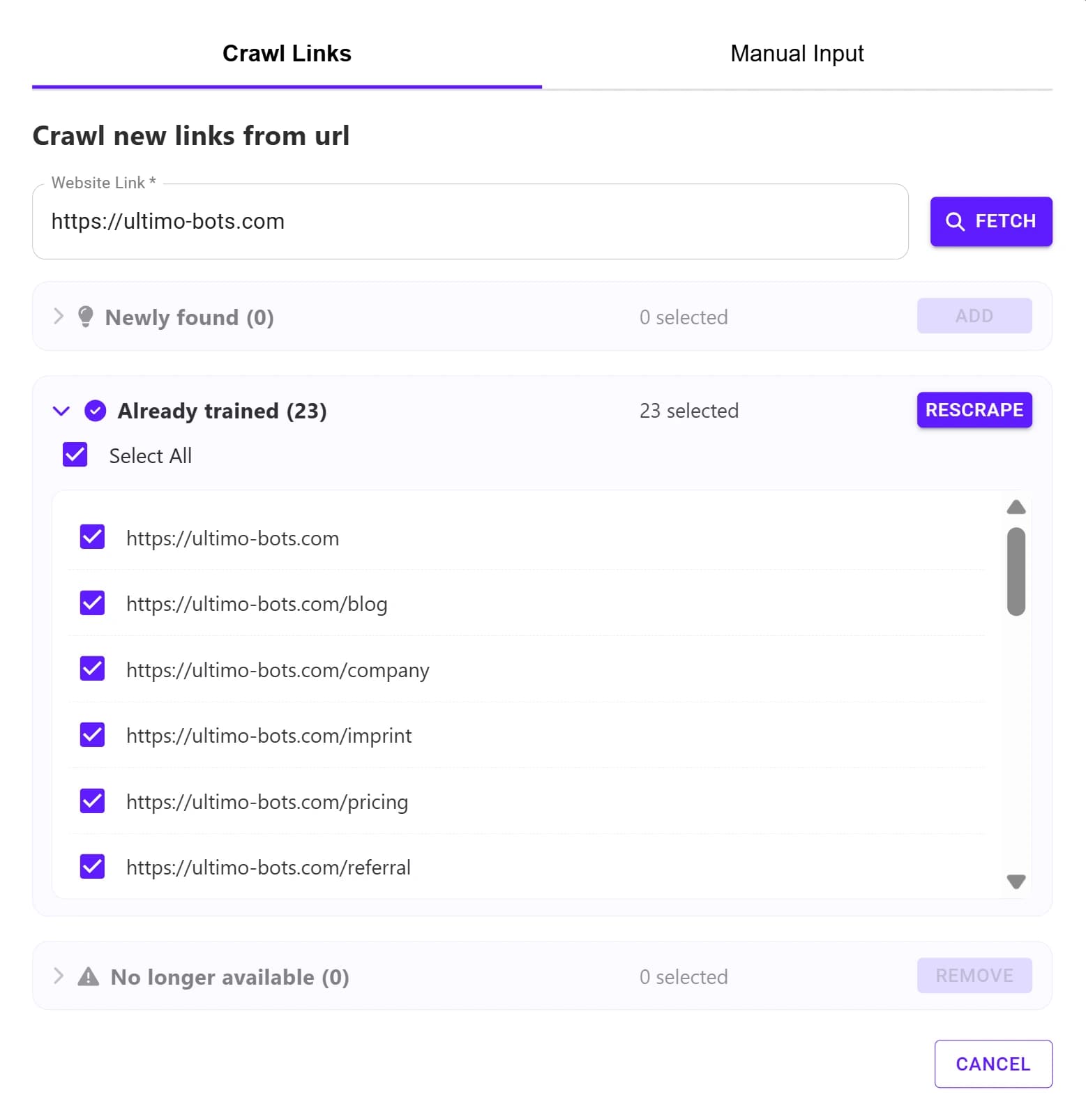 Add Website Link modal - Ultimo Bots interface screenshot