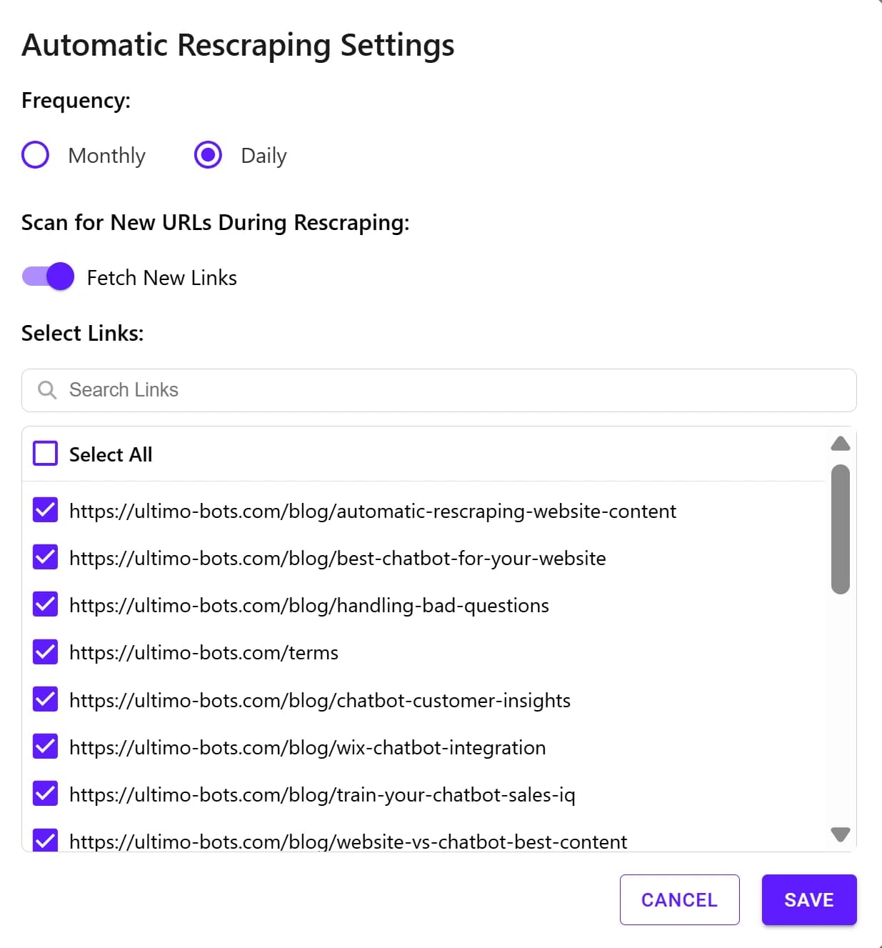 Rescraping settings - Ultimo Bots interface screenshot