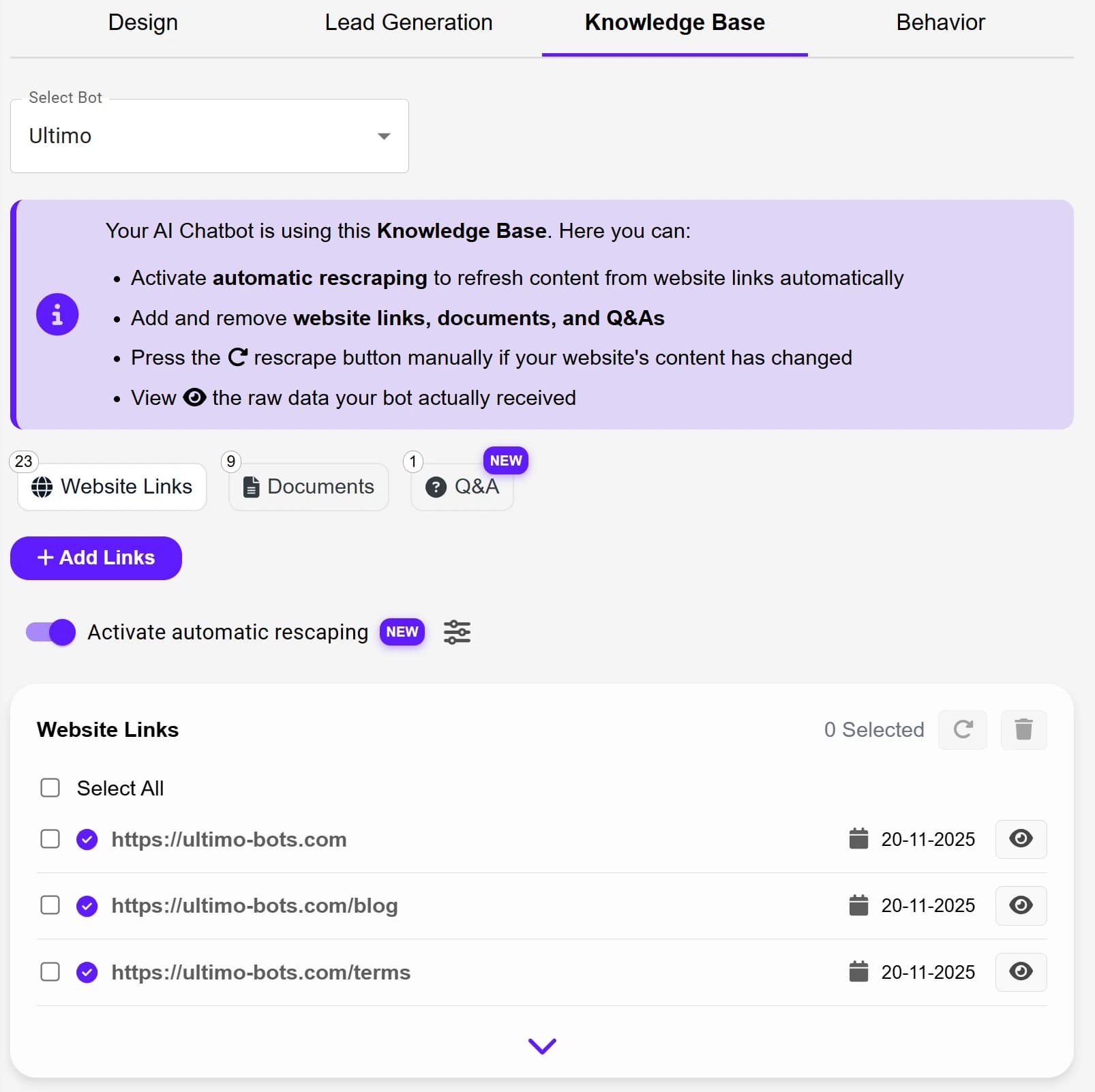 Knowledge Base Overview - Ultimo Bots interface screenshot