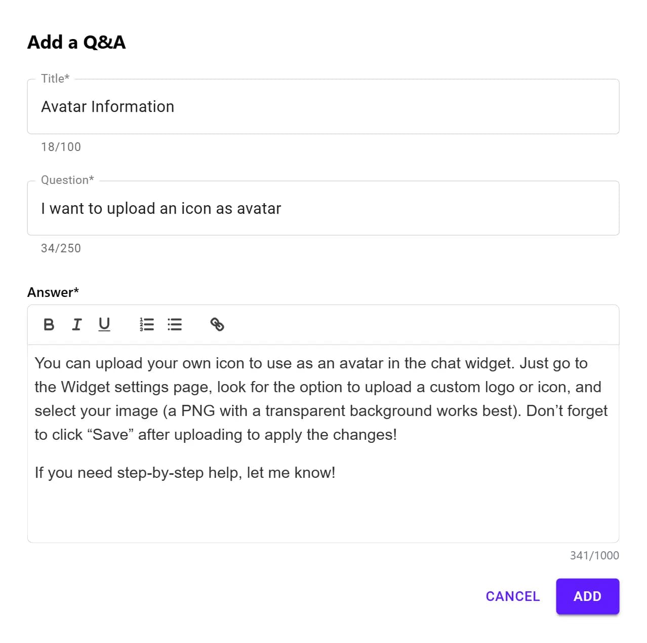 Add Q&A modal - Ultimo Bots interface screenshot
