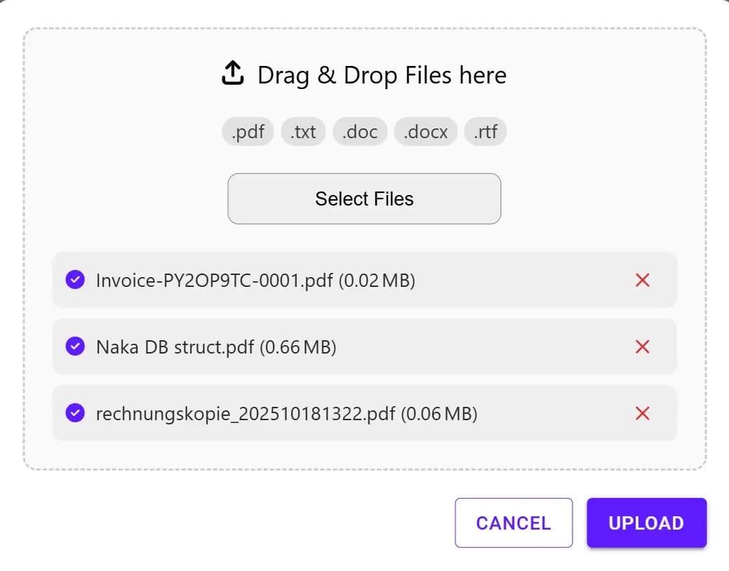 Upload File modal - Ultimo Bots interface screenshot