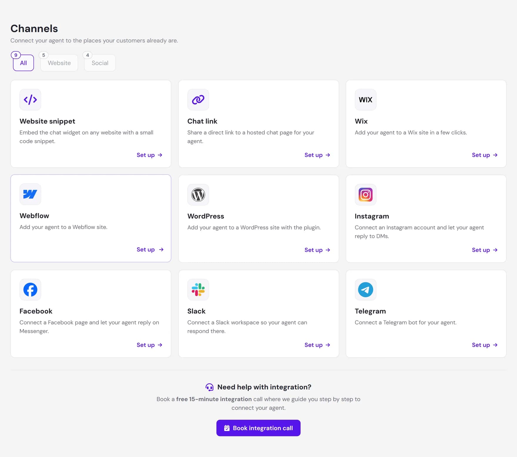 The Channels screen in the dashboard, with cards for the website widget, chat link, Wix, Webflow, WordPress, Instagram, Facebook, Slack, and Telegram