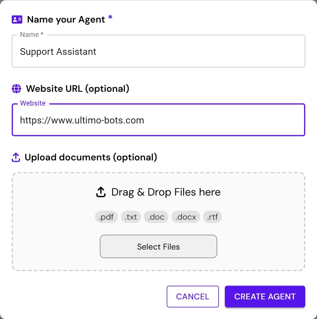 The New Agent dialog with a name and website URL filled in and a document upload area