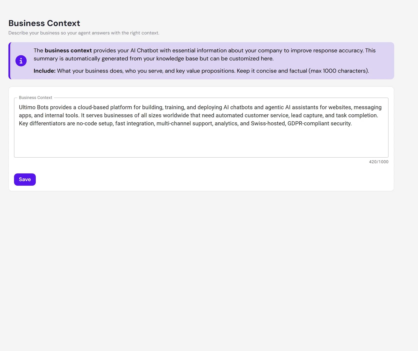 The Business Context tab in the Ultimo Bots dashboard, showing the editable summary and a character counter
