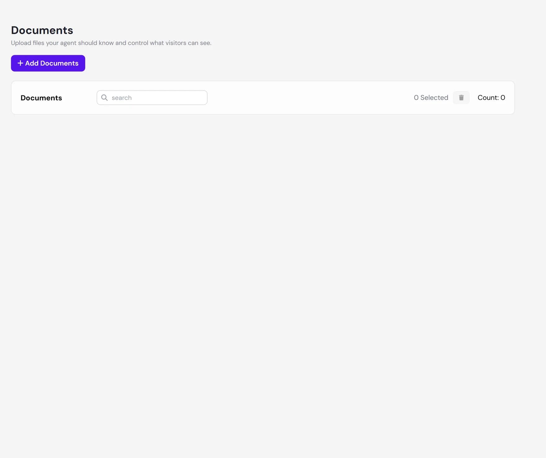 The Documents tab of the knowledge base showing uploaded files with status icons and download toggles