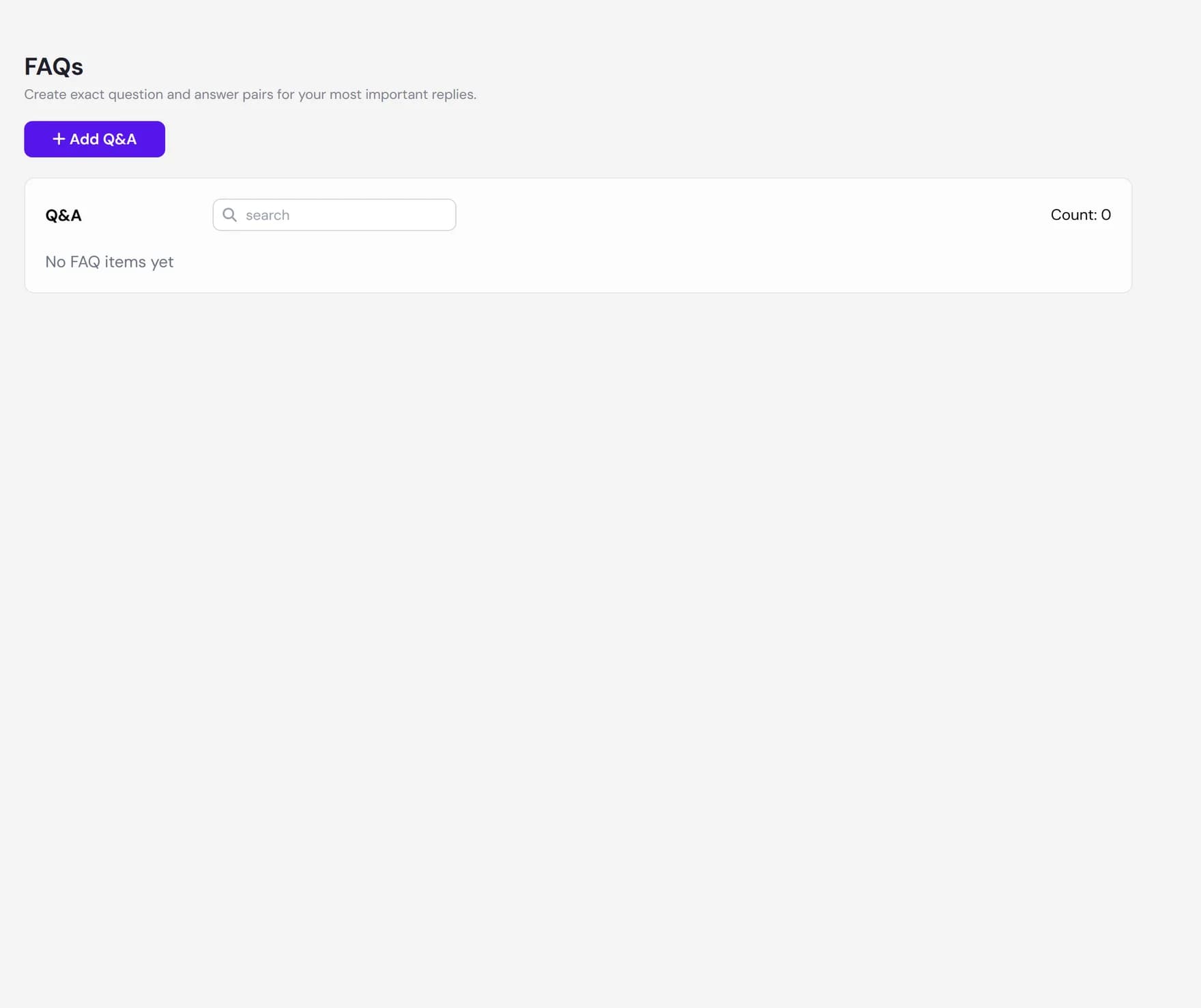 The Q&A section of the Knowledge Base, listing saved question and answer pairs with edit, view, and delete actions