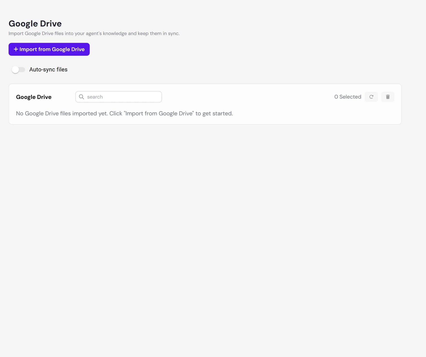 The Google Drive tab in the Knowledge Base, showing imported files with their status and the Import from Google Drive button