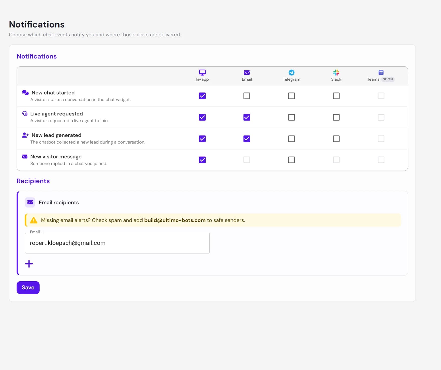 The Notification Center with an event grid and per-channel checkboxes for in-app and email