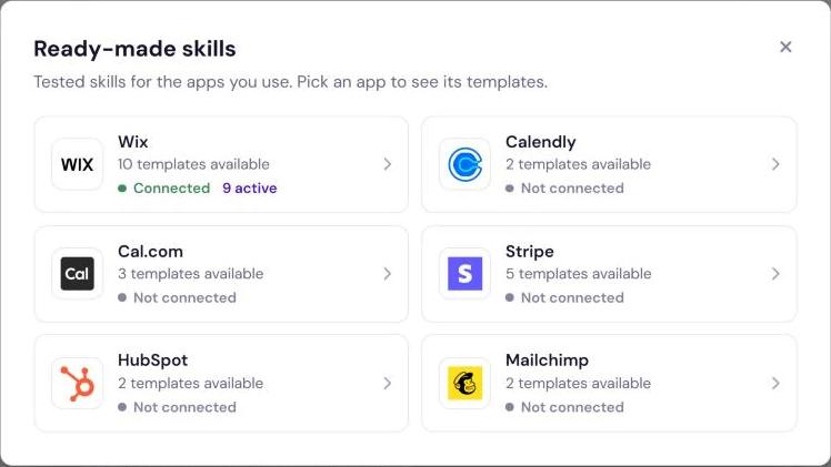 The Ready-made skills library with tiles for Wix, Calendly, Cal.com, Stripe, HubSpot and Mailchimp